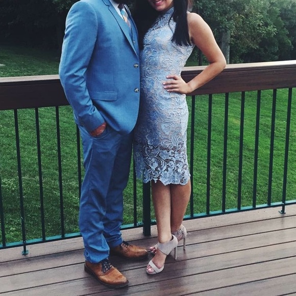 blue lace overlay dress